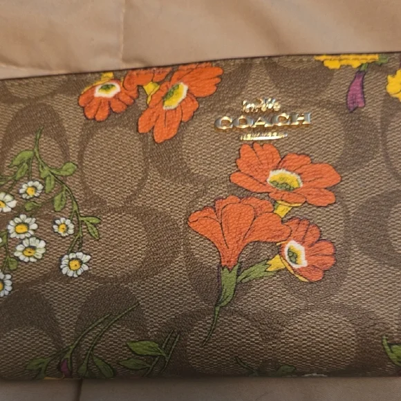 COACH Brown Signature Floral Continental Wallet with Orange & Yellow Blooms - Picture 3 of 14